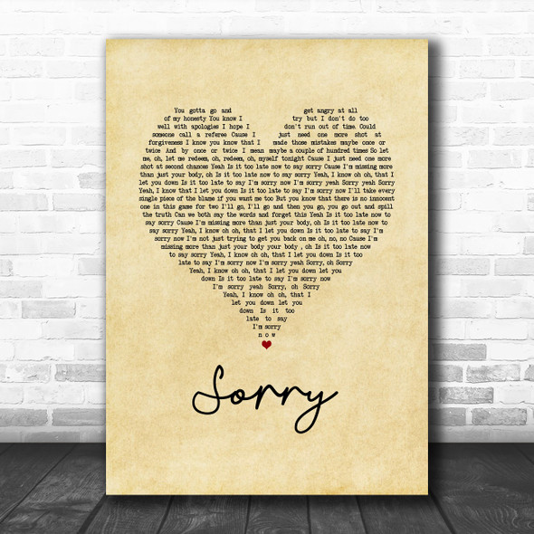 Justin Bieber Sorry Vintage Heart Song Lyric Wall Art Print