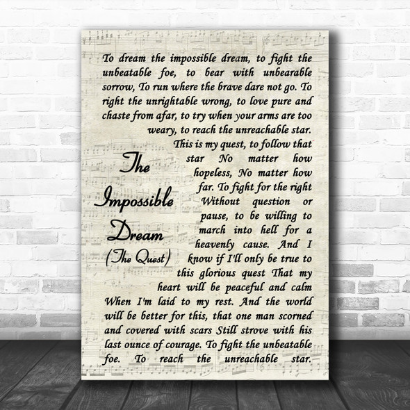 Andy Williams The Impossible Dream (The Quest) Vintage Script Song Lyric Wall Art Print