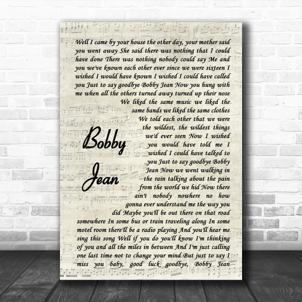 Bruce Springsteen Bobby Jean Vintage Script Song Lyric Wall Art Print