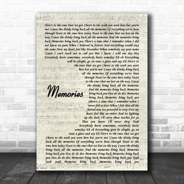 Maroon 5 Memories Vintage Script Song Lyric Wall Art Print