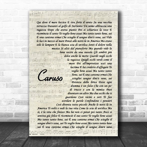 Luciano Pavarotti Caruso Vintage Script Song Lyric Wall Art Print