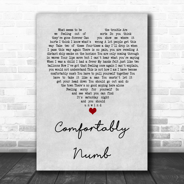 Pink Floyd Comfortably Numb Grey Heart Song Lyric Music Wall Art Print