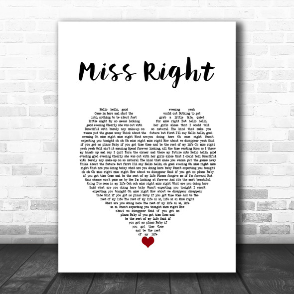 Ne-Yo Miss Right White Heart Song Lyric Wall Art Print