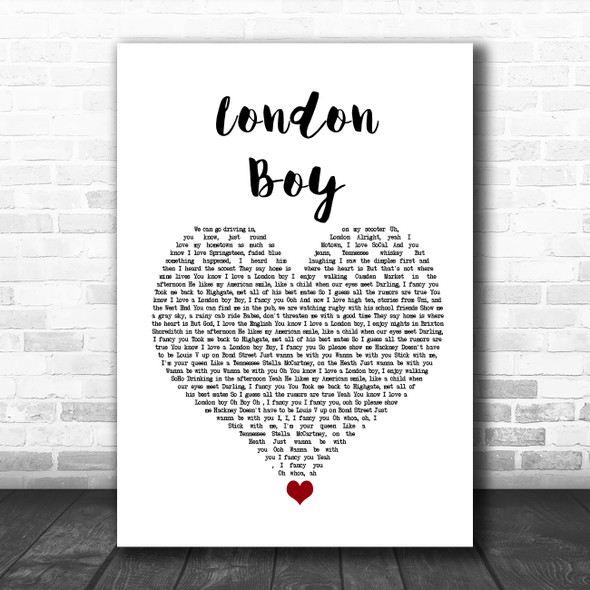 Taylor Swift London Boy White Heart Song Lyric Wall Art Print