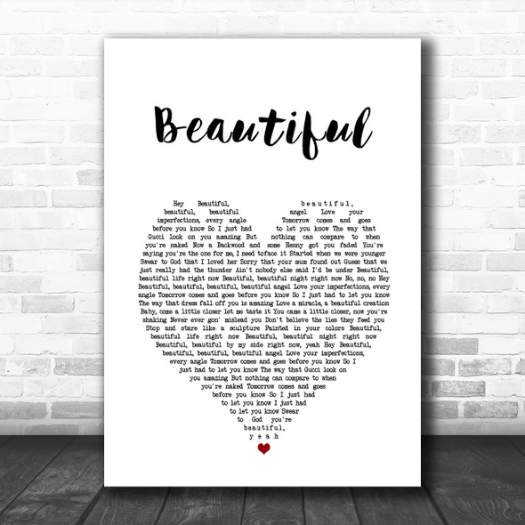 Bazzi Beautiful White Heart Song Lyric Wall Art Print