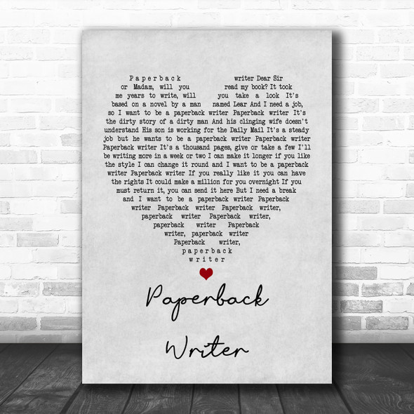 The Beatles Paperback Writer Grey Heart Song Lyric Music Wall Art Print