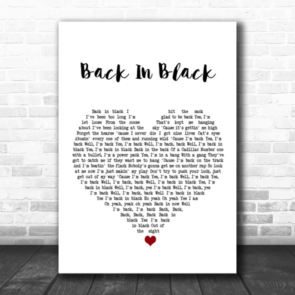 ACDC Back In Black White Heart Song Lyric Print