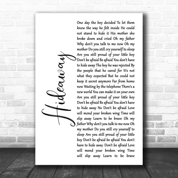 Erasure Hideaway White Script Song Lyric Print