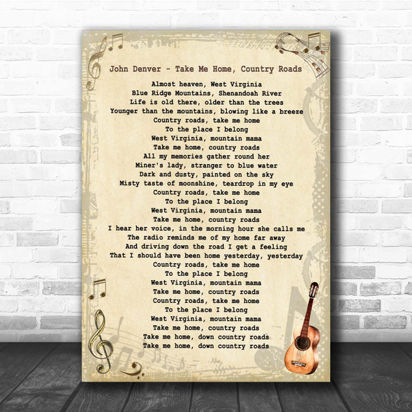 John Denver Take Me Home, Country Roads Vintage Guitar Song Lyric Print