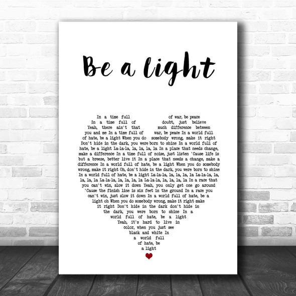 Keith Urban, Be a Light White Heart Song Lyric Print