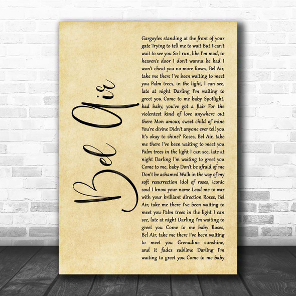 Lana Del Rey Bel Air Rustic Script Song Lyric Print