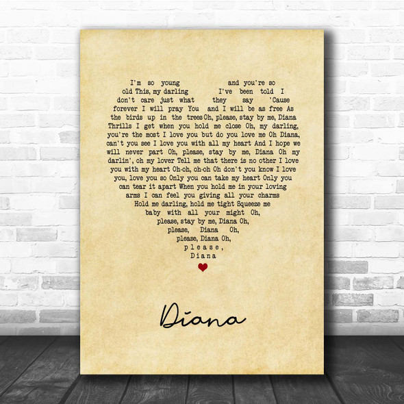 Paul Anka Diana Vintage Heart Song Lyric Print