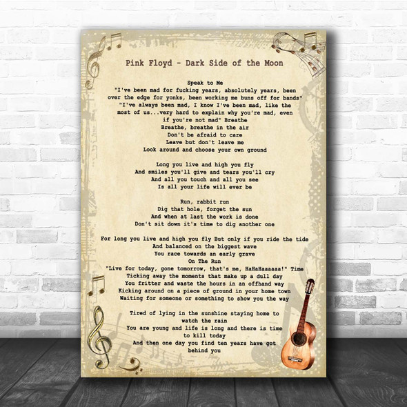 Pink Floyd Dark Side of the Moon Vintage Guitar Song Lyric Print