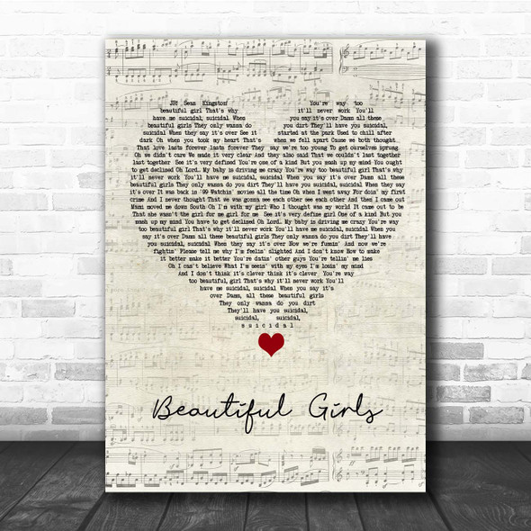 Sean Kingston Beautiful Girls Script Heart Song Lyric Print