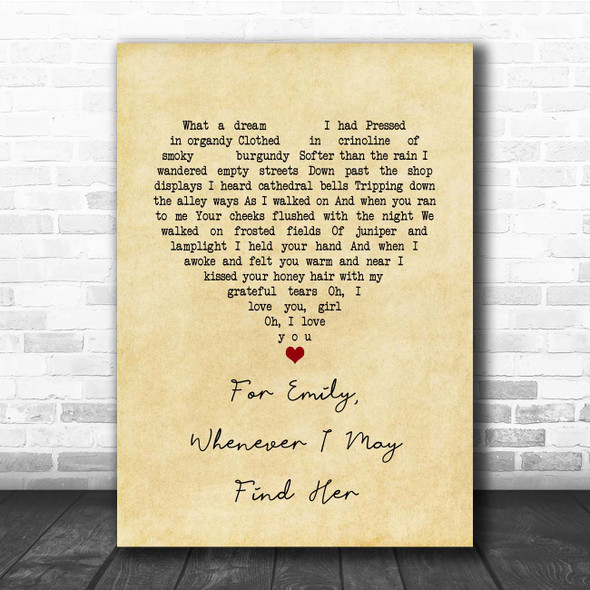 Simon & Garfunkel For Emily, Whenever I May Find Her Vintage Heart Song Lyric Print