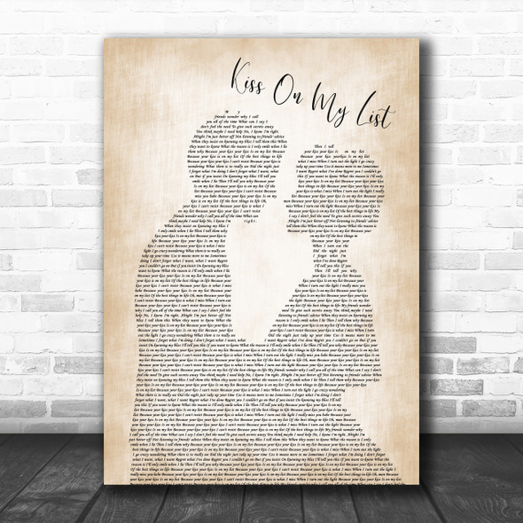 Hall & Oates Kiss On My List Song Lyric Man Lady Bride Groom Wedding Music Wall Art Print