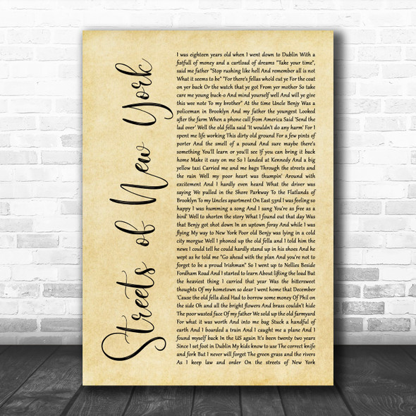 Ryan McMullan Streets of New York Rustic Script Song Lyric Music Art Print