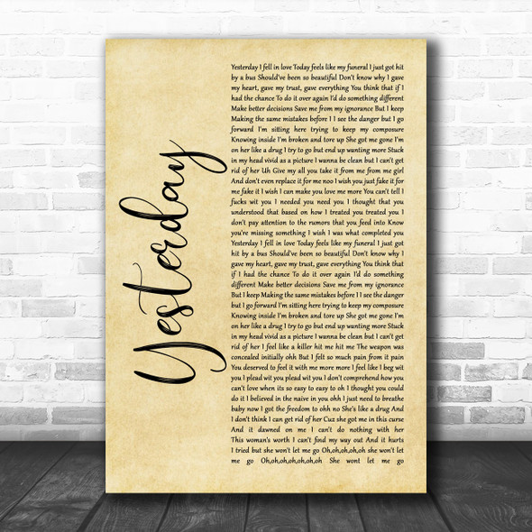 Diddy - Dirty Money feat. Chris Brown Yesterday Rustic Script Song Lyric Music Art Print