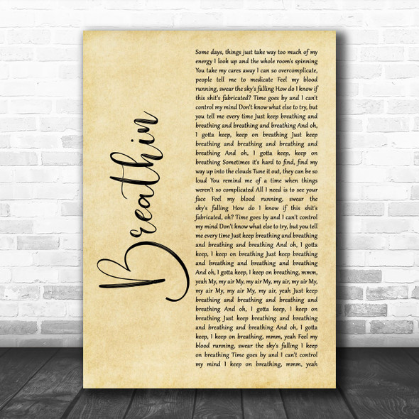 Ariana Grande Breathin Rustic Script Song Lyric Music Art Print