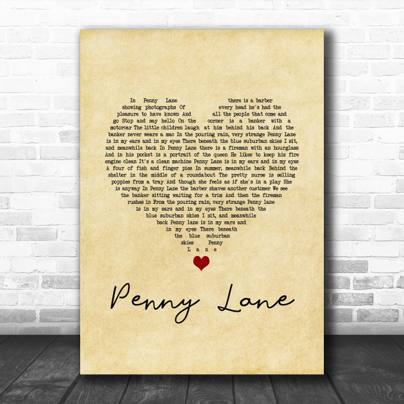 The Beatles Penny Lane Vintage Heart Song Lyric Music Art Print