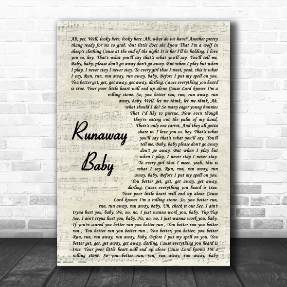 Bruno Mars Runaway Baby Vintage Script Song Lyric Music Art Print