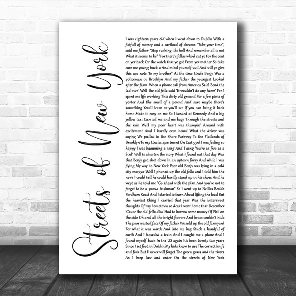 Ryan McMullan Streets of New York White Script Song Lyric Music Art Print