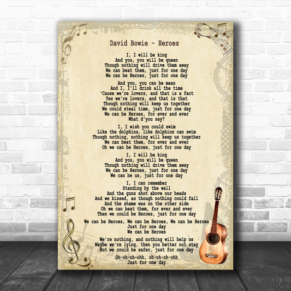 David Bowie Heroes Song Lyric Guitar Music Wall Art Print