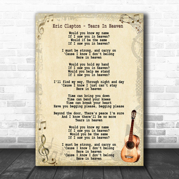 Eric Clapton Tears In Heaven Song Lyric Vintage Music Wall Art Print