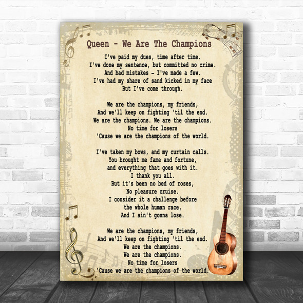 Queen We Are The Champions Song Lyric Vintage Music Wall Art Print