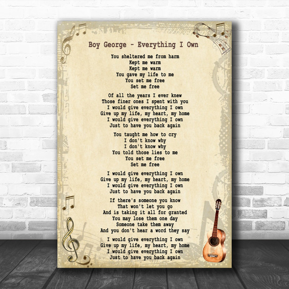 Boy George Everything I Own Song Lyric Music Wall Art Print