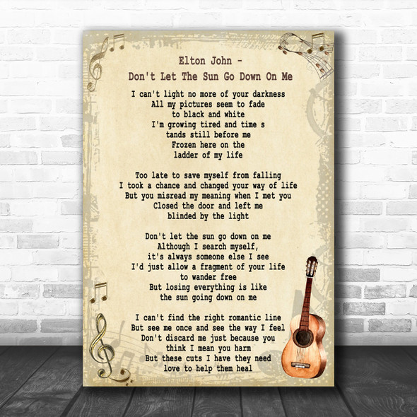 Elton John Don't Let The Sun Go Down On Me Song Lyric Vintage Music Wall Art Print