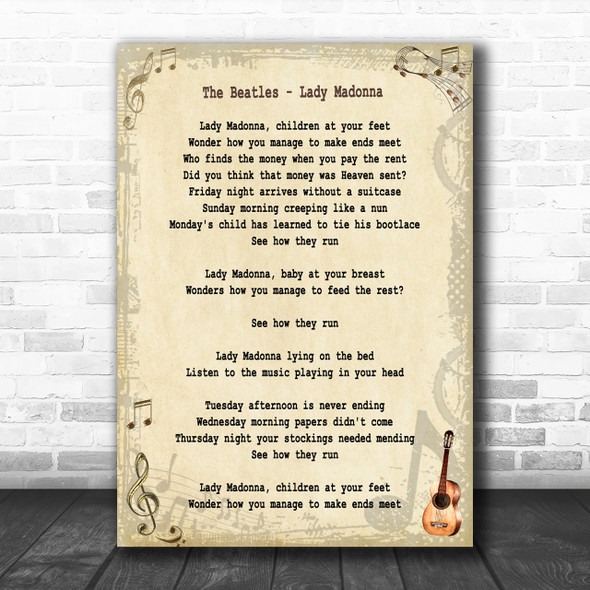 The Beatles Lady Madonna Song Lyric Music Wall Art Print