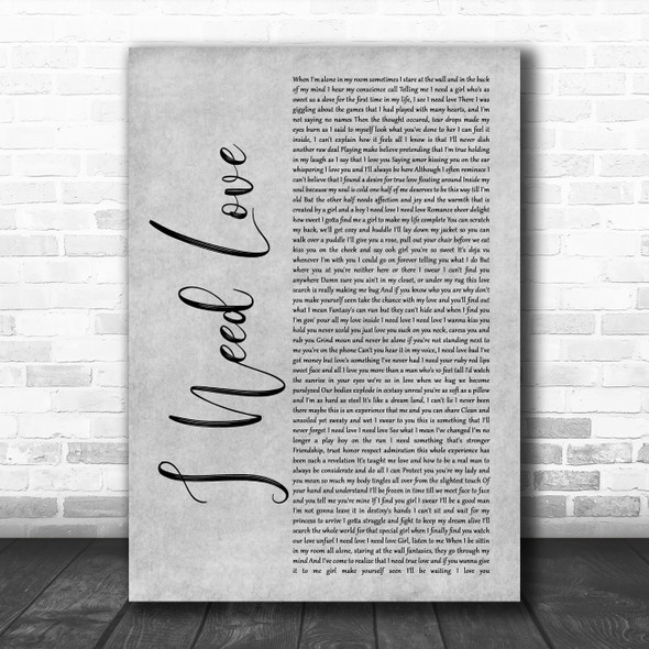 LL Cool J I Need Love Grey Rustic Script Song Lyric Art Print