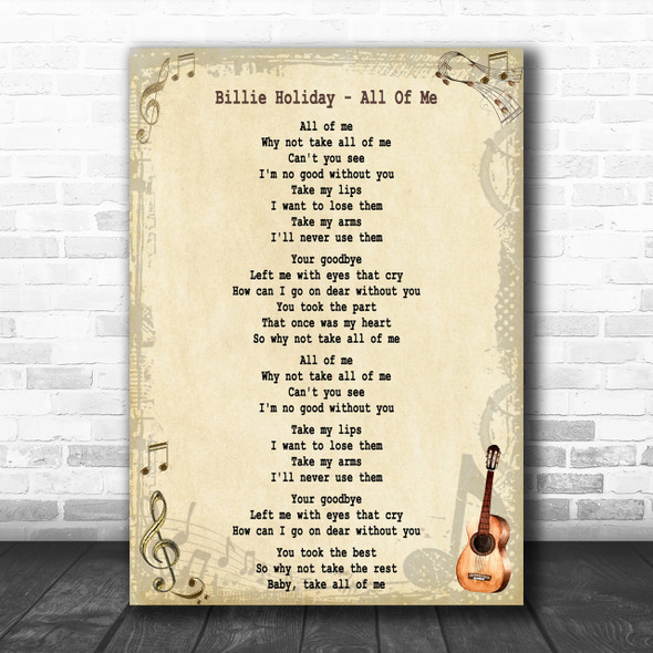Billie Holiday All Of Me Song Lyric Music Wall Art Print