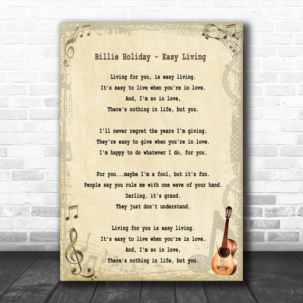 Billie Holiday Easy Living Song Lyric Music Wall Art Print