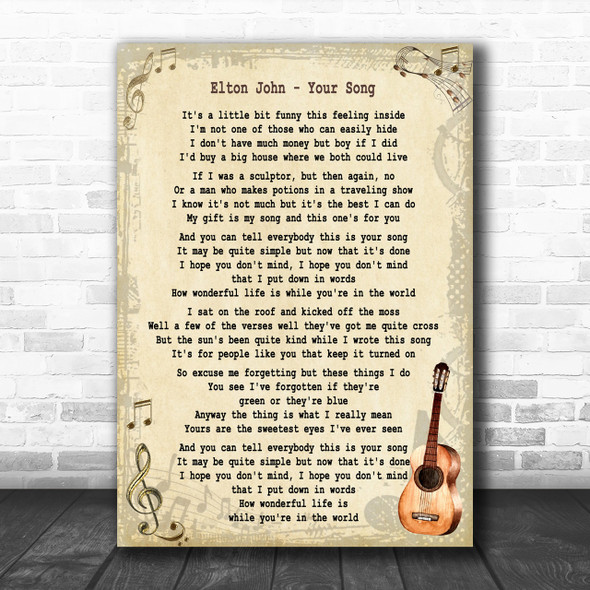 Elton John Your Song Song Lyric Vintage Music Wall Art Print