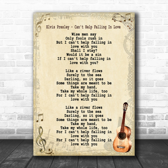 Elvis Presley Can't Help Falling In Love Song Lyric Vintage Music Wall Art Print