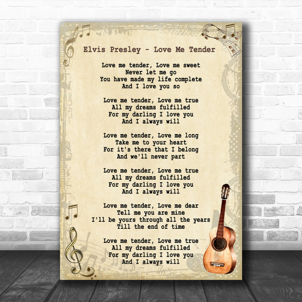 Elvis Presley Love Me Tender Song Lyric Vintage Music Wall Art Print