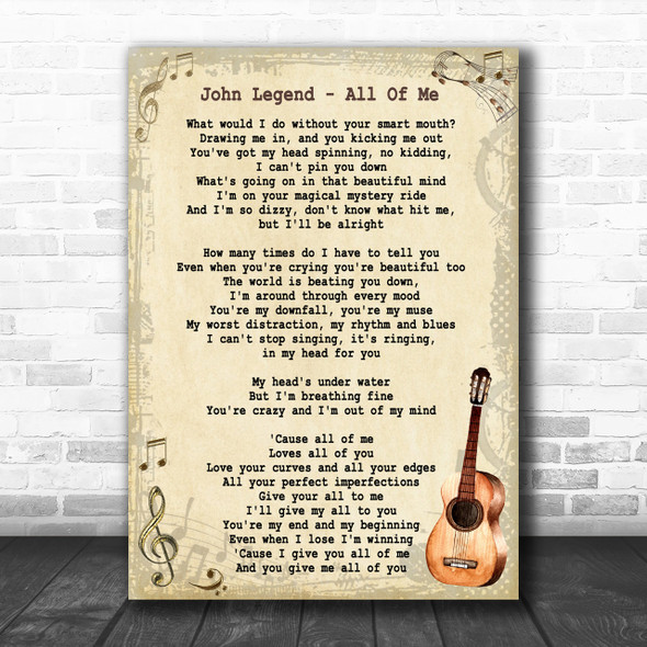 John Legend All Of Me Song Lyric Vintage Music Wall Art Print