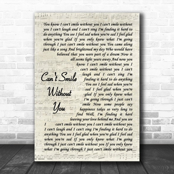 Carpenters Can't Smile Without You Vintage Script Song Lyric Art Print