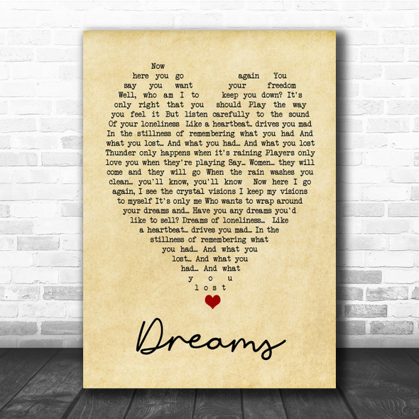 Dreams Fleetwood Mac Vintage Heart Song Lyric Music Wall Art Print