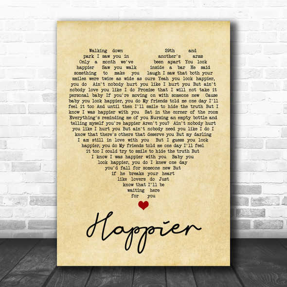 Happier Ed Sheeran Vintage Heart Song Lyric Music Wall Art Print