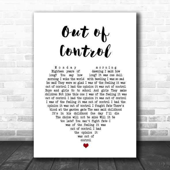U2 Out of Control White Heart Song Lyric Art Print