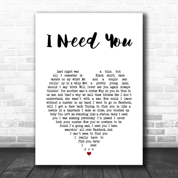 N-Dubz I Need You White Heart Song Lyric Art Print