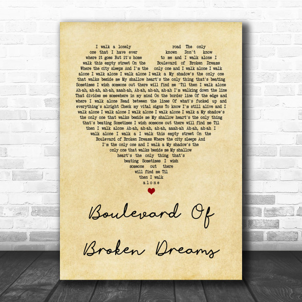 Green Day Boulevard Of Broken Dreams Vintage Heart Song Lyric Music Wall Art Print