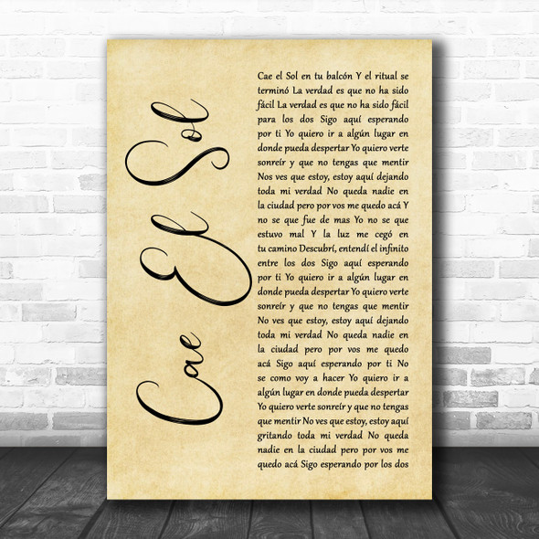 Airbag Cae El Sol Rustic Script Decorative Wall Art Gift Song Lyric Print