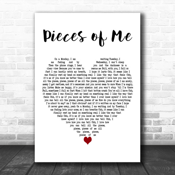 Ashlee Simpson Pieces of Me White Heart Decorative Wall Art Gift Song Lyric Print