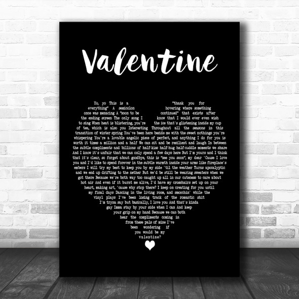 Atlas Valentine Black Heart Decorative Wall Art Gift Song Lyric Print