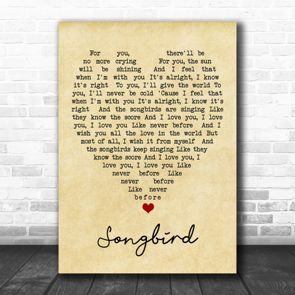 Songbird Fleetwood Mac Vintage Heart Song Lyric Music Wall Art Print