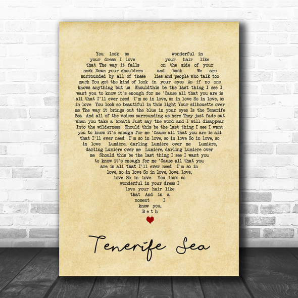 Tenerife Sea Ed Sheeran Vintage Heart Song Lyric Music Wall Art Print